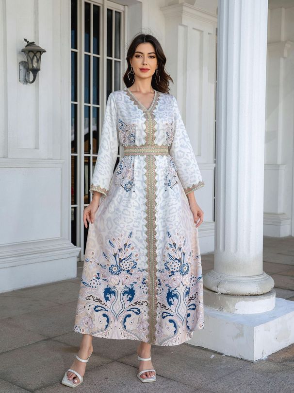 Women's Clothing Muslim V Neck Ladies Robe Belt Lace Print Diamond Beaded Dress_voghion.com