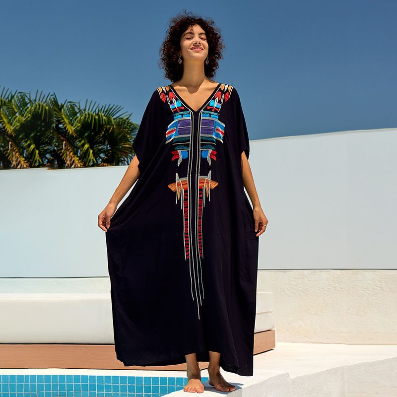 ​​Women's Cotton Embroidered Long Beach Cover-Up Dress – Flowy Bikini Blouse & Resort Holiday Maxi Skirt (One Size, Rayon Embroidery)​​_voghion.com