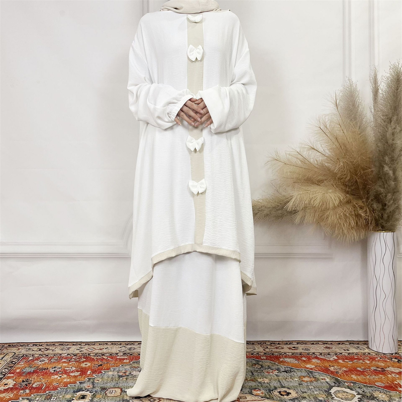 Verve Arabic Women's Ice Silk Wrinkled Two-Piece With Bowknot, Solid Color Double-Layer Hat, Long Sleeve Dress Set_voghion.com