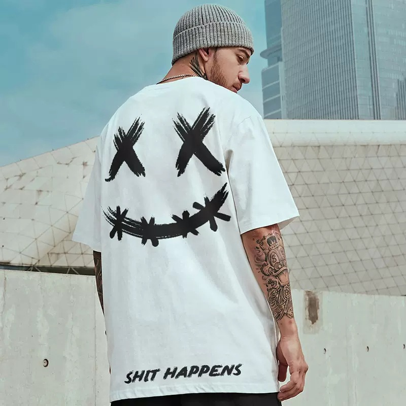 C&JLittle Devil Ghost Face Kurze Mode bf Stil 5/4 Fat Man Große Männer Lose Halbarm Paar_voghion.com