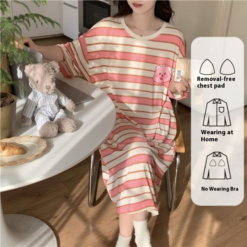 2024 new internet celebrity with chest cushion Modal short sleeved nightgown summer long style pullover women's home_voghion.com
