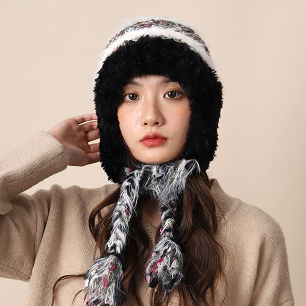 Cappello di lana lavorato a maglia con lacci colorati per donna, autunno inverno, nuovo, caldo, protezione per le orecchie a righe colorate e fascia per capelli_voghion.com