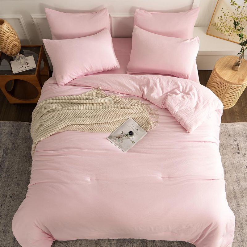 Parure de lit 3 pièces rose unie avec housse de couette matelassée et garnie de polyester moelleux (taies d'oreiller incluses)_voghion.com