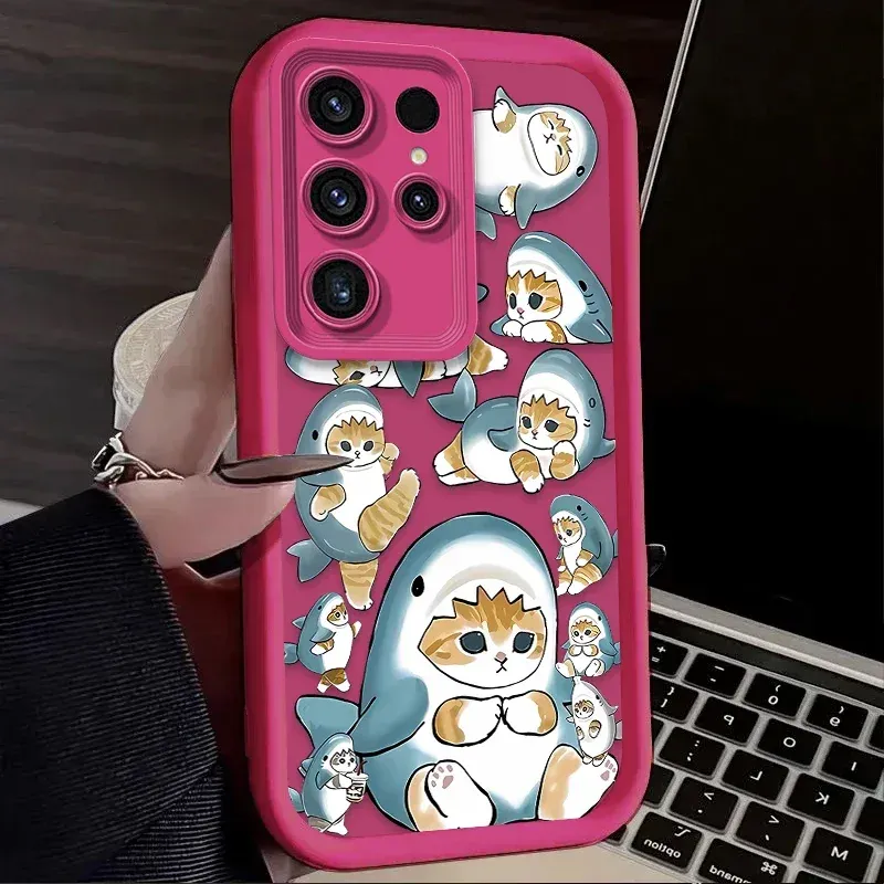 Sjovt Mofusand Shark Cat mat etui til Samsung Galaxy S25 S24 S23 Ultra S22 S21 Plus FE 5G A54 A34 A14 A73 A53 A33 5G Soft Capa_voghion.com