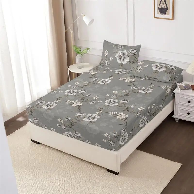 Parure de lit 4 pièces en microfibre brossée, drap-housse imprimé, taies d'oreiller, ultra douce, hypoallergénique, Queen size, King size, infroissable, résistante à la décoloration_voghion.com
