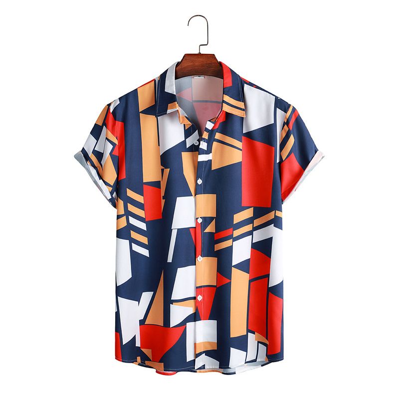 Herrenbekleidung Sommer Neue Mode Persönlichkeit Farblich passendes geometrisches Print Kurzarm-Strandhemd_voghion.com