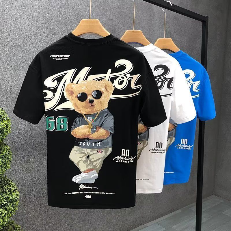 Abbigliamento da uomo T-shirt a maniche corte con stampa di orsi di marca di moda estate da uomo nuovo stile versatile casual top in cotone sciolto di grandi dimensioni_voghion.com