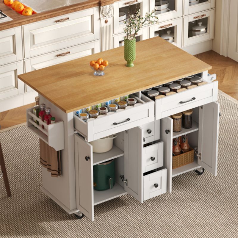 Multifunktionaler Küchenwagen Mit Ausklappbarer Arbeitsplatte, 120×65 Cm Erweiterbar, Mit 5 Schubladen, Schränken, Gewürz- & Handtuchhalter, Auf Rollen – Kücheninsel Für Küche, Esszimmer & Wohnzimmer_voghion.com