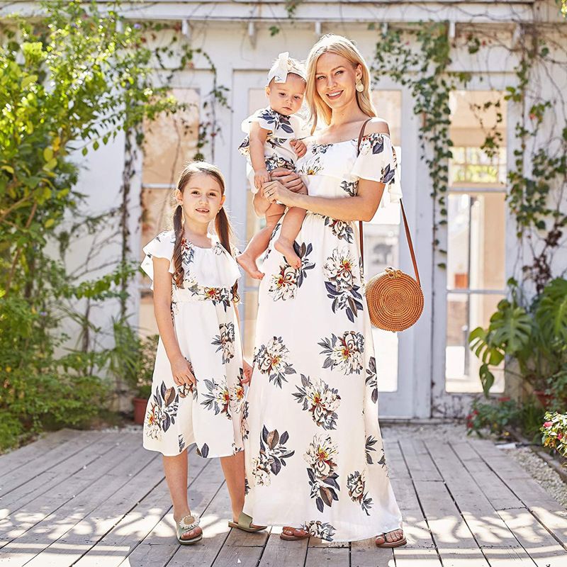 Mother & Kids forår og sommer ny en-skulder printet chiffon forælder-barn i elegant europæisk og amerikansk mor-datter kjole_voghion.com