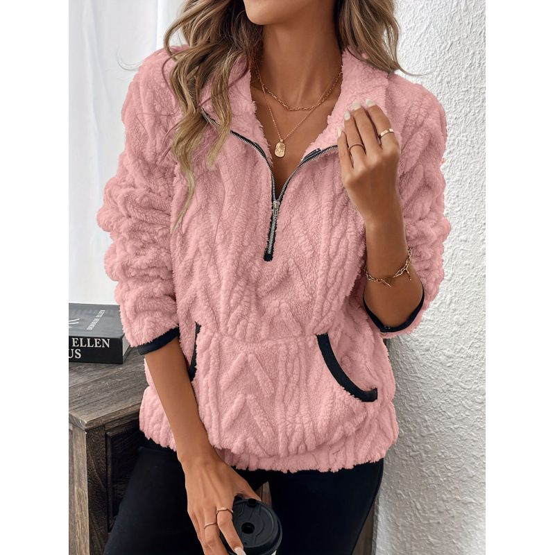 Women's Cropped Fleece Pullover With Jacquard Pattern, Notched Collar & Pockets, Cozy Winter Casual Sweatshirt In Multiple Colors_voghion.com