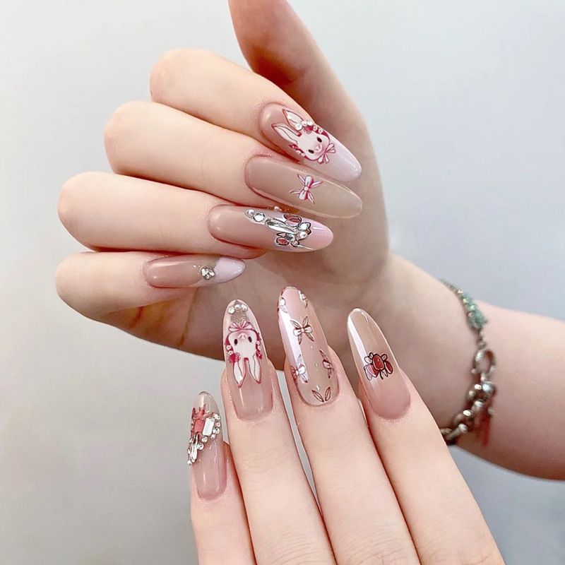 Niedliche Kaninchenschleife, künstliche Nagelverstärkung, fertig, tragbar, Nagelpflaster X106_voghion.com