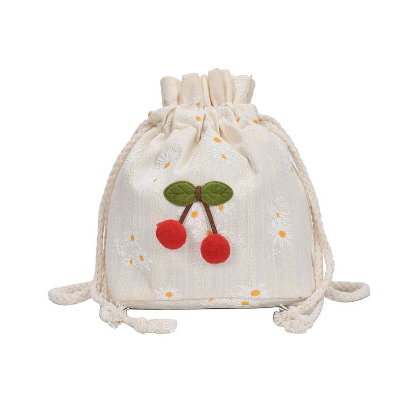 Neu 2024 Canvas Niedliche Kirsch Pom-Pom Schulter Strand Koreanischen Und Japanischen Stil Eimer Tasche Für Frauen_voghion.com