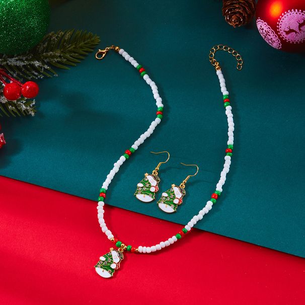 New Cartoon Design Snowman Christmas Tree Beaded Necklace Earrings Girls Gift Set_voghion.com