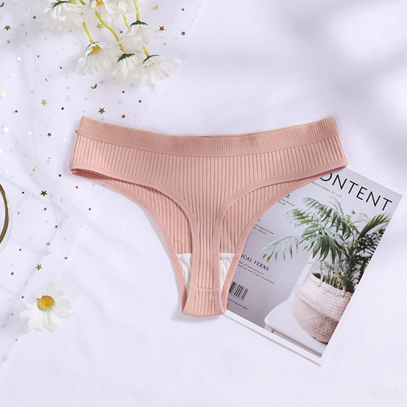 Baumwoll-G-String-Höschen für Damen, sexy, nahtlos, gerippt, T-förmig, Unterhose, Damen-Tanga, einfarbig, niedriger Taillen-Bikini_voghion.com