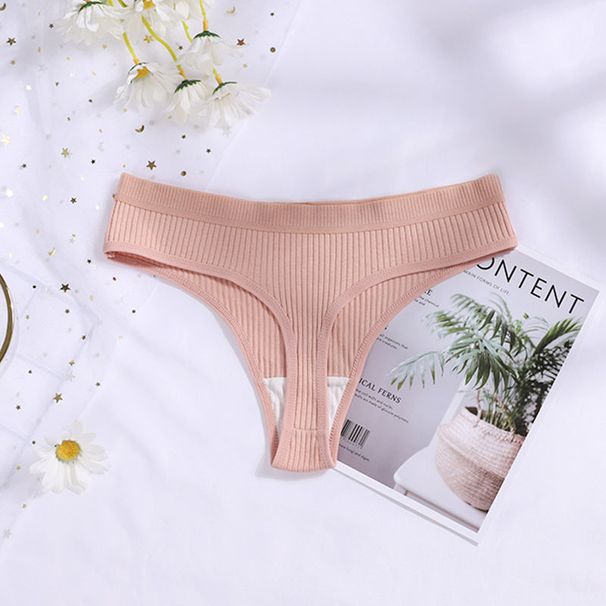 Baumwoll-G-String-Höschen für Damen, sexy, nahtlos, gerippt, T-förmig, Unterhose, Damen-Tanga, einfarbig, niedriger Taillen-Bikini_voghion.com