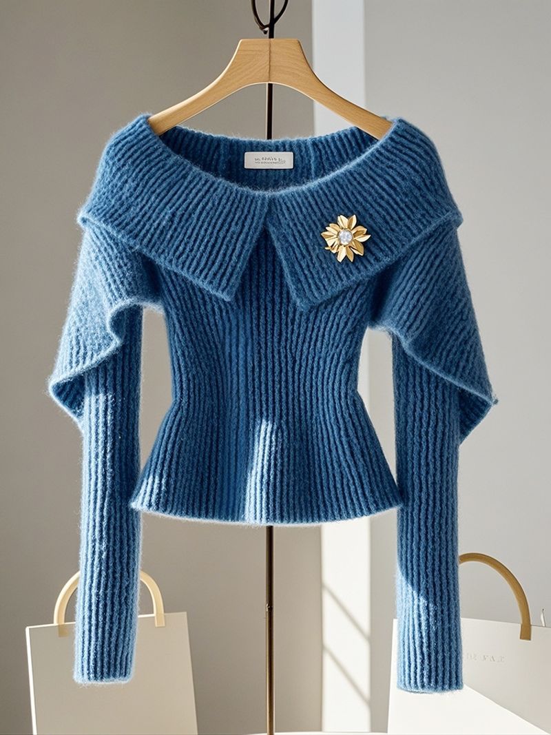 Abbigliamento da donna, maglione blu con vita alta e bellissimo per le donne, autunno, alla moda, di alta qualità e chic, top lavorato a maglia con una spalla_voghion.com