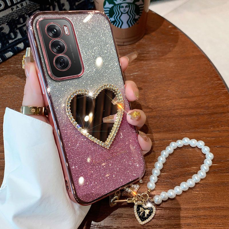 Reno12 5G Hülle Luxus Perlenarmband Hülle für OPPO Reno 12 F Pro A79 A59 Realme C67 C53 Diamond Love Mirror Hülle mit Lanyard_voghion.com