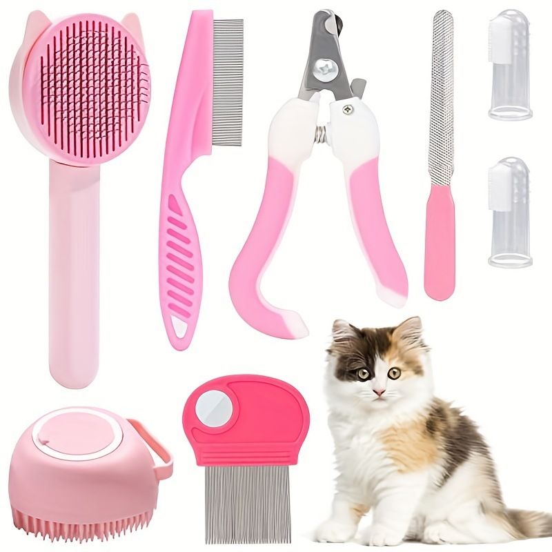 Set de aseo de 8 piezas: cortaúñas y limas, peine antipulgas, cepillo para muda de pelo de mascotas, cepillo de dientes de silicona, etiquetable_voghion.com