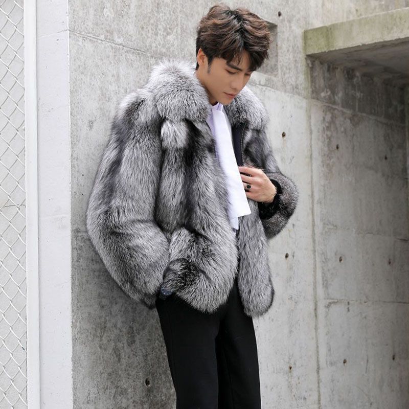 Roupas masculinas Outono-inverno casaco de pele masculino Moda casual casaco de pele de raposa prateada engrossado para manter aquecido_voghion.com