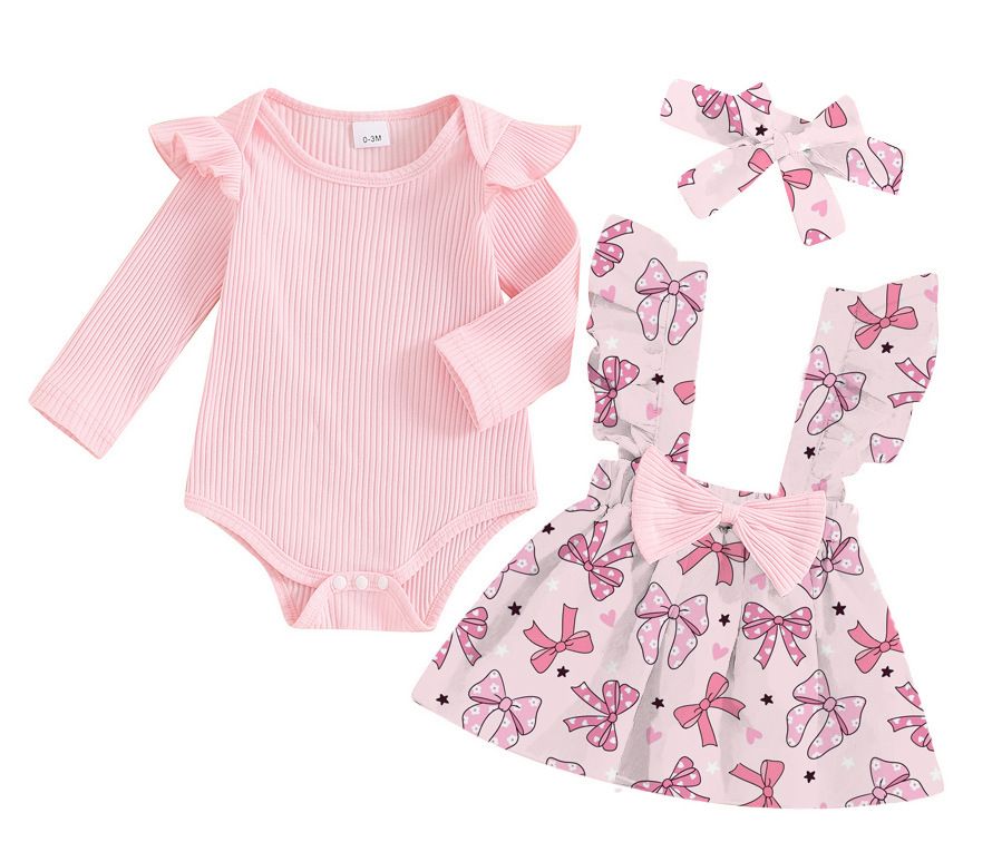 "3-teiliges Kleiderset für Baby-Mädchen mit Rüschenärmeln, Schleifendetails und Overall – weicher Baumwollstrick, süße Tier- und Blumendrucke (80–100 cm, 1–3 Jahre)"_voghion.com