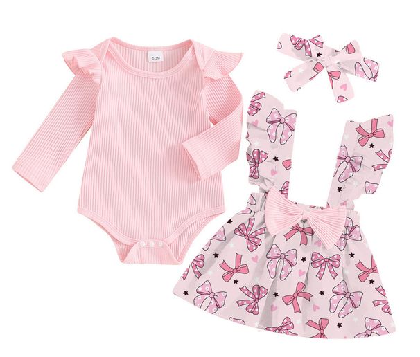 "3-teiliges Kleiderset für Baby-Mädchen mit Rüschenärmeln, Schleifendetails und Overall – weicher Baumwollstrick, süße Tier- und Blumendrucke (80–100 cm, 1–3 Jahre)"_voghion.com