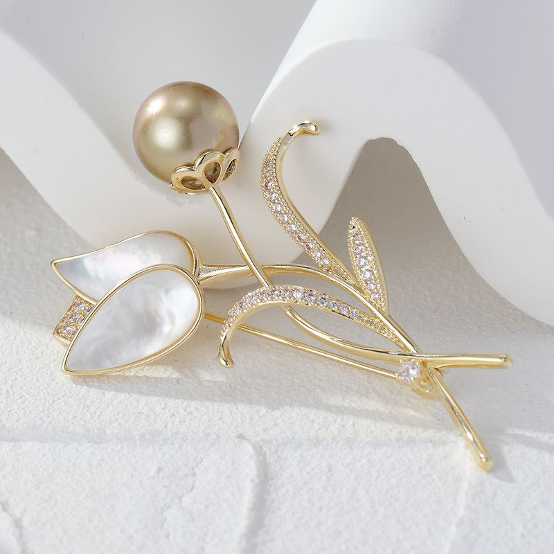New copper micro inlaid zircon chest flower natural shell tulip brooch anti glare buckle clothing accessories_voghion.com