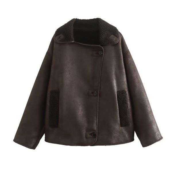 Women's Clothing Casual Faux Fur Collar Reversible Jacket - Cozy Winter Outerwear For Street Style (Brown, S/M/L)_voghion.com
