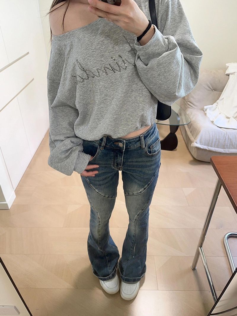 Bluza damska krótka z ukośnymi ramionami, z gorącymi diamentami, luźna, jednoramienna, leniwa, szara bluza typu kokon_voghion.com
