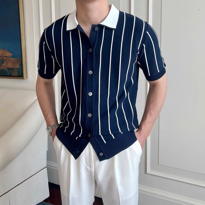 Herren-Strick-T-Shirt mit Streifen – dünnes, kurzärmliges Freizeithemd mit Revers für den Sommer (trendig und vielseitig)_voghion.com