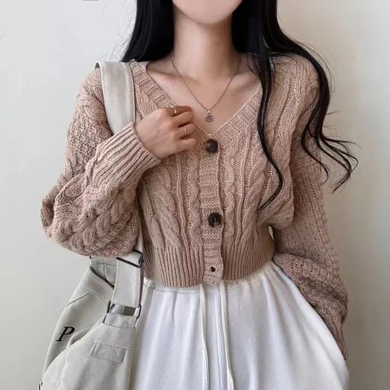 Fried Dough Twists pattern three button V-neck short knitted cardigan women's Korean chic autumn thin lazy sweater coat_voghion.com