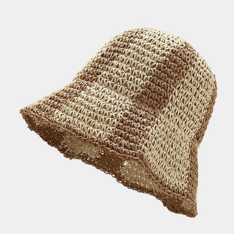 Chapeau seau en paille à épissure de conception de niche, chapeau seau à la mode pour femmes, chapeau de soleil respirant pour l'été en plein air_voghion.com