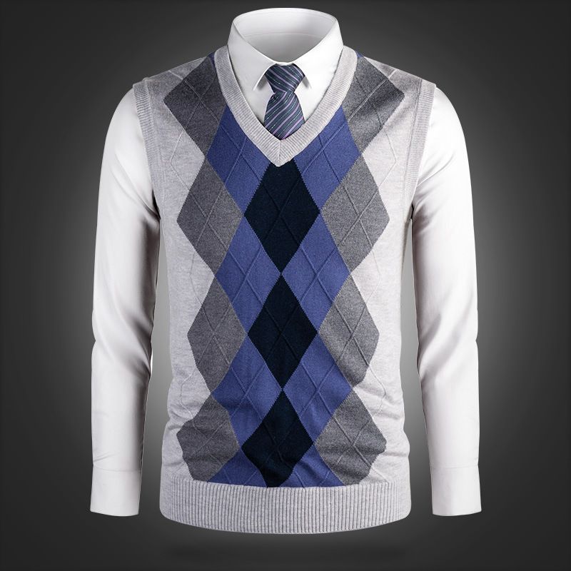 Ärmellose Weste aus Wollmischung mit V-Ausschnitt für Herren – Klassisches Karo- und Camouflage-Muster, schmale Passform, lässige und vielseitige Pullover-Strickweste für den Herbst_voghion.com