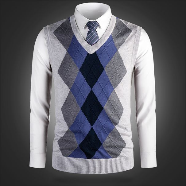 Ärmellose Weste aus Wollmischung mit V-Ausschnitt für Herren – Klassisches Karo- und Camouflage-Muster, schmale Passform, lässige und vielseitige Pullover-Strickweste für den Herbst_voghion.com