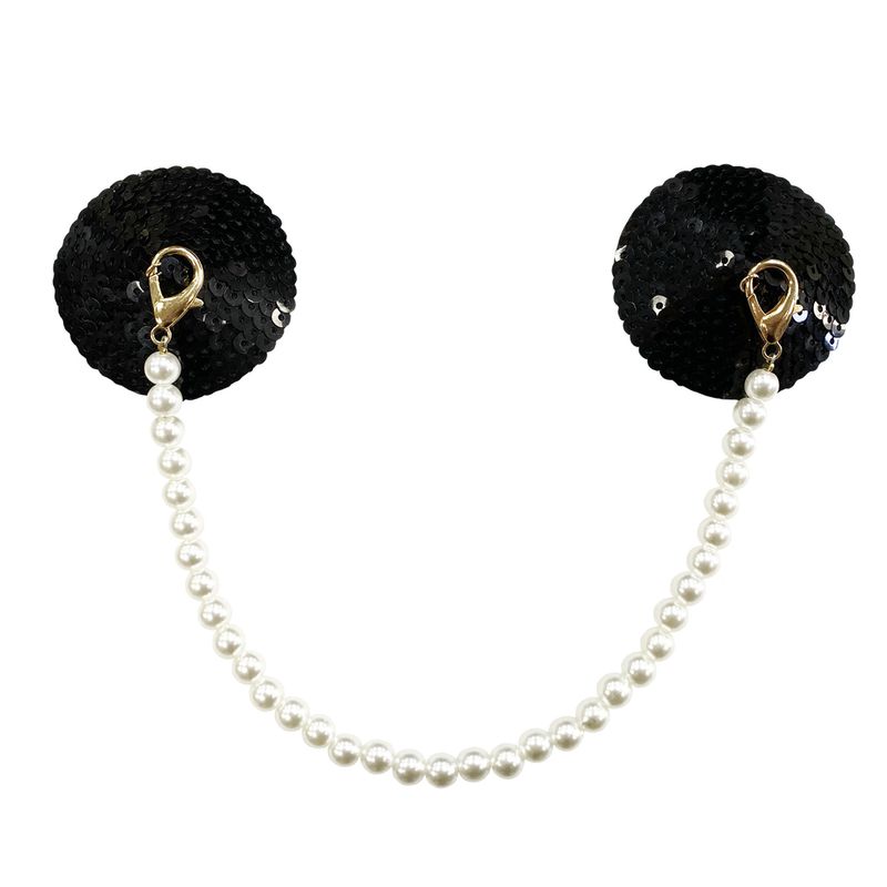 Cross-border spot breast stickers high-grade pearl chain nipple stickers sexy European and American sexy black PU breast stickers SM_voghion.com