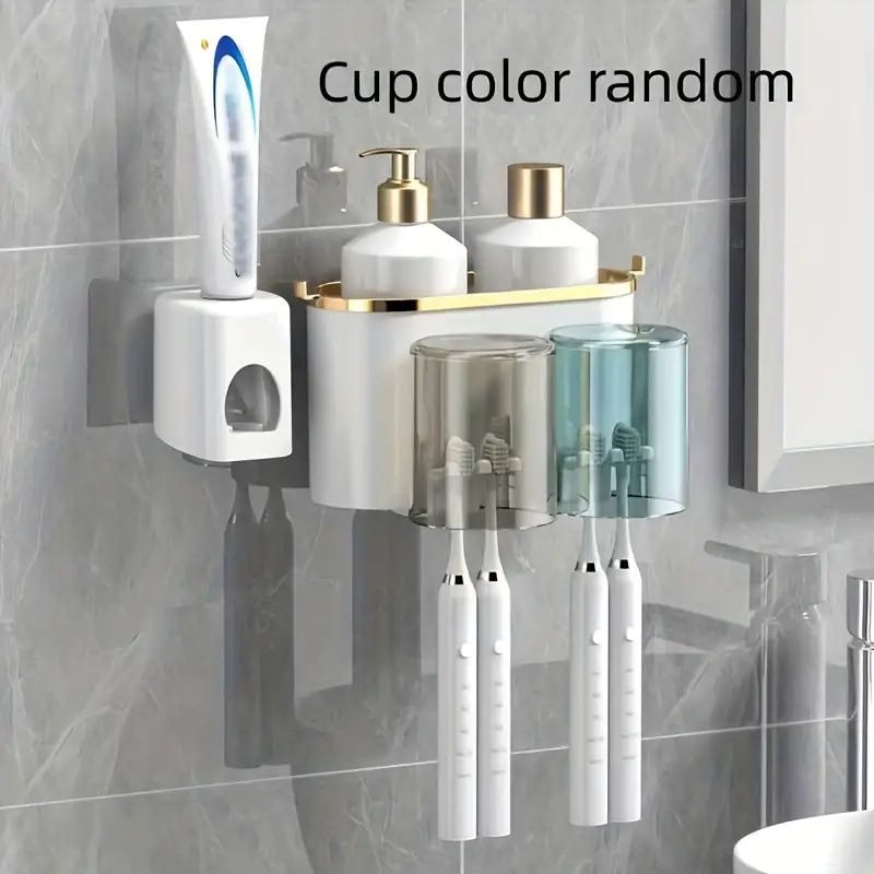 1 Set Multifunctional Toothbrush Rack And Mug Holder Wall Mounted Toothpaste And Mouthwash Storage With Toothpaste Squeezer_voghion.com