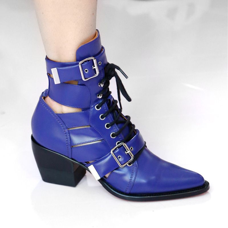 2021 Fashion Show Chunky Heel Hollow Lace-up Genuine Leather Belt Buckle Pointed Toe Ankle Boots Plus Size Shoes_voghion.com