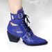 2021 Fashion Show Chunky Heel Hollow Lace-up Genuine Leather Belt Buckle Pointed Toe Ankle Boots Plus Size Shoes_voghion.com