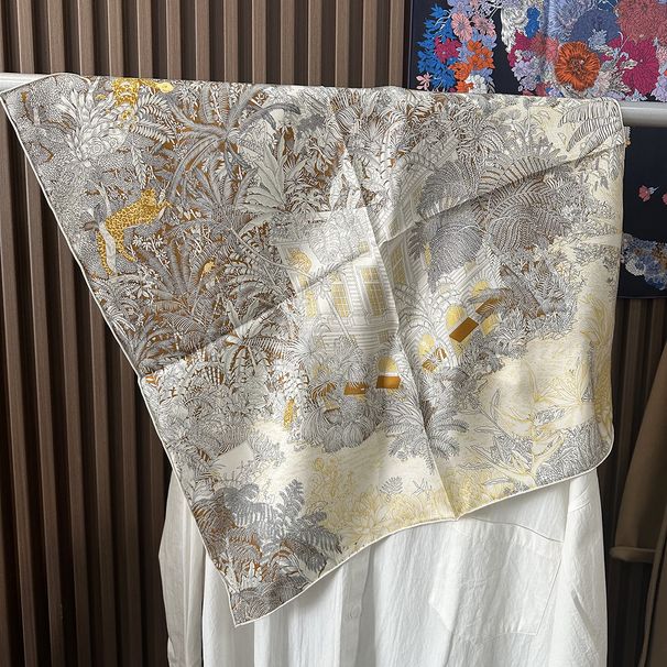 Sciarpa da collo versatile all'ingrosso da donna, stile retrò francese, in seta di gelso al 100%, stile foresta pluviale tropicale, Fubao, di alta qualità, quadrata da 70 cm_voghion.com