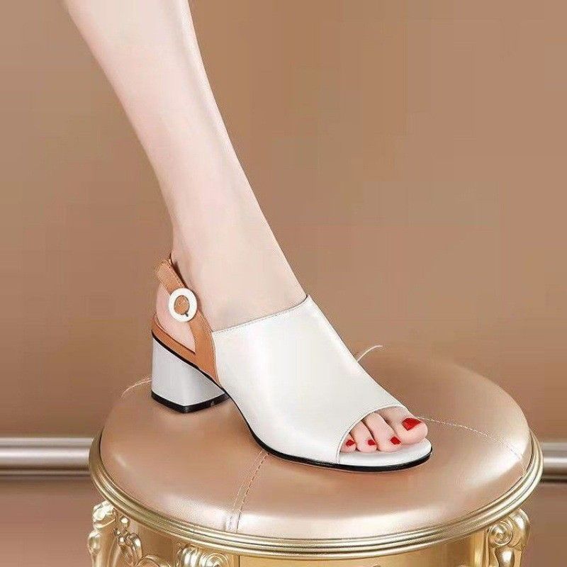 2025 Fish Mouth Color Blocked Open One Button Strap For Women's New Outdoor Versatile Coarse Heel Sandals_voghion.com