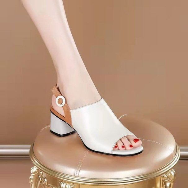 2025 Fish Mouth Color Blocked Open One Button Strap For Women's New Outdoor Versatile Coarse Heel Sandals_voghion.com
