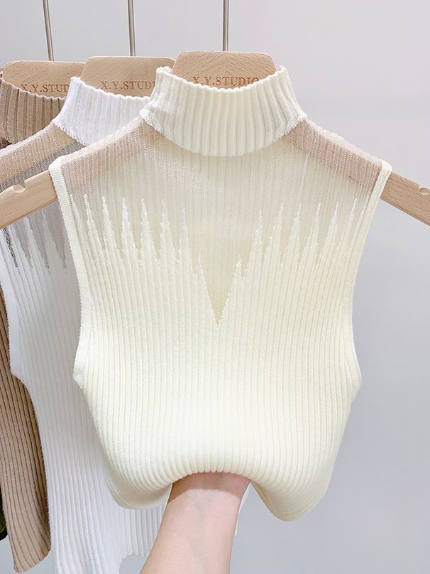 Mesh Knitted Top Women Y2K Tank Top Half Neck Vest Female Sleeveless Sweater Chic Cut Out Streetwear Solid Skinny Tube Top_voghion.com