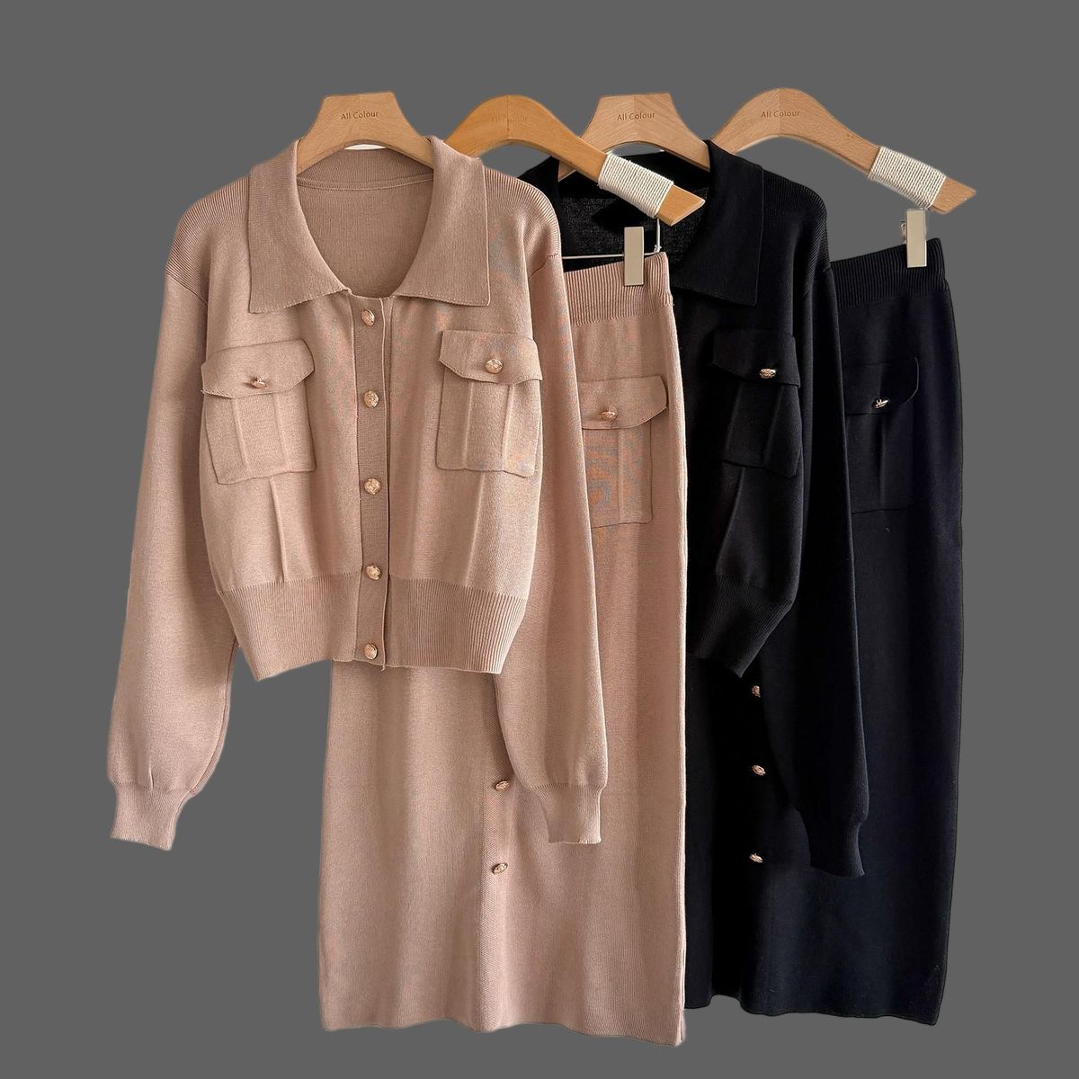 Elegantes zweiteiliges Strickset für Damen im Herbst und Winter, Rollkragenpullover und Midirock-Outfit – Slim Fit Button-Down-Cardigan und A-Linien-Rock_voghion.com