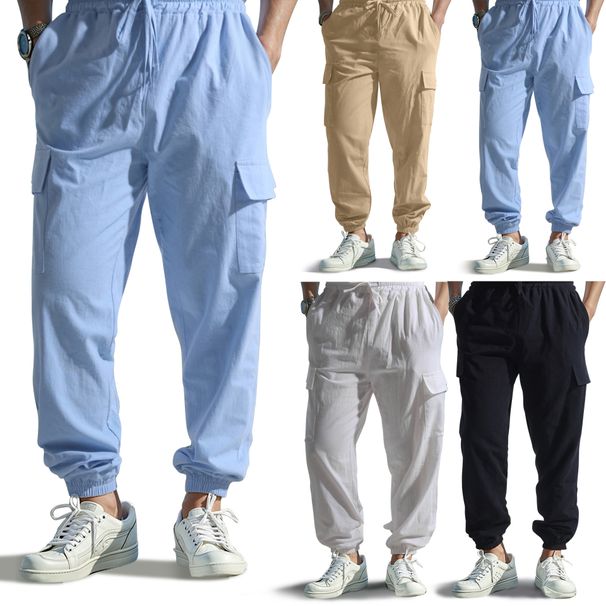 Pantaloni casual multitasche da uomo con colletto chiuso, pantaloni a gamba dritta in cotone e lino_voghion.com