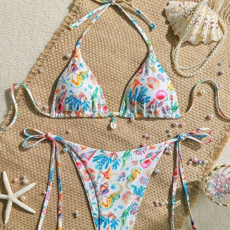 Maillot de bain sexy taille haute pour femme, triangle fendu, imprimé trois points_voghion.com