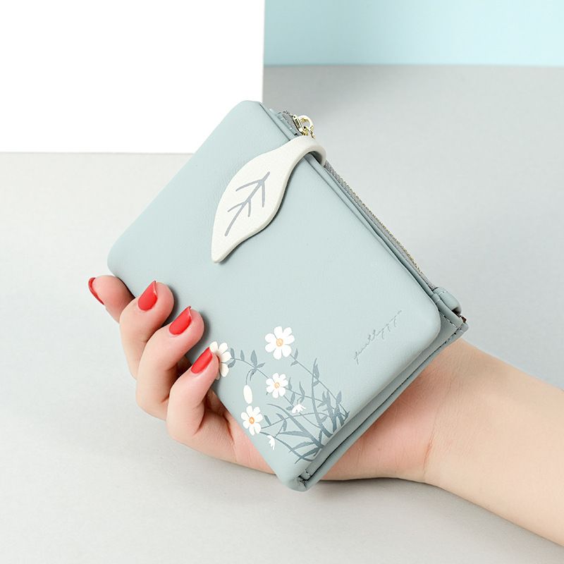 Geldbörse Kartenetuis Damen Kurze Kreative Weiche Lederstruktur Kleine Geldbörse Mehrere Kartenfächer Kleines Münzgeldbörse Mit Gänseblümchen-Print_voghion.com