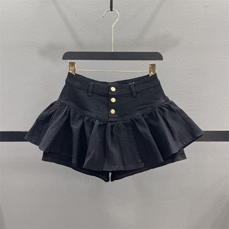 Black High Waist Single Breasted Layered Ruffled A Line Denim Skirt Bottoming Skirt Puffy Skirt For Women_voghion.com