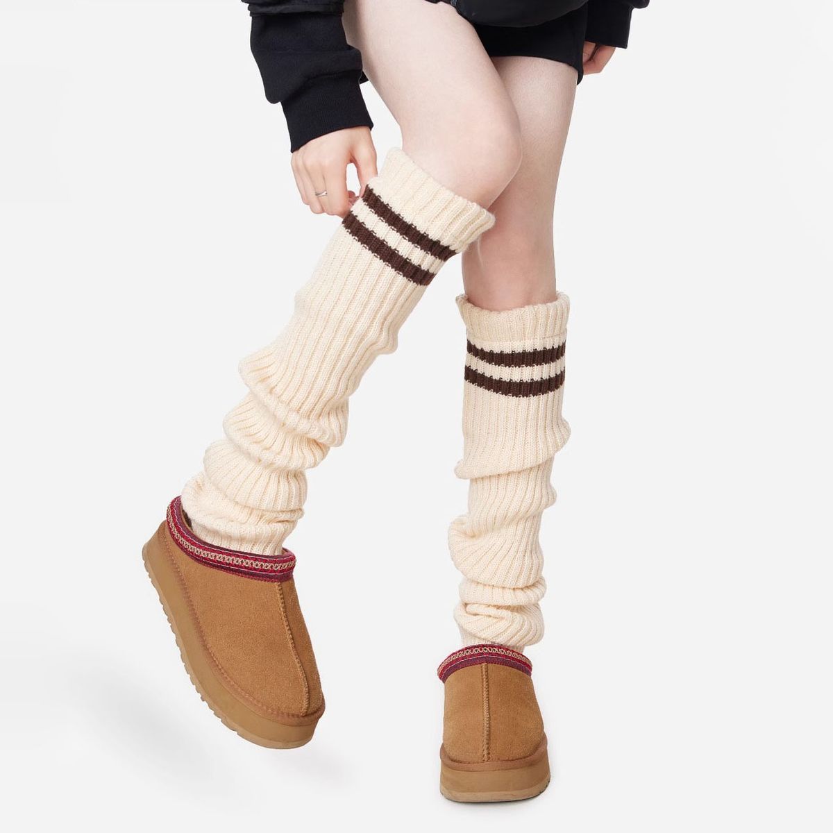 Scaldamuscoli autunnali e invernali, calzini a righe con colori a contrasto, ispessiti e allungati, caldi, lunghezza sopra il ginocchio, maniche per le gambe, calzini in pile lavorato a maglia Jk_voghion.com