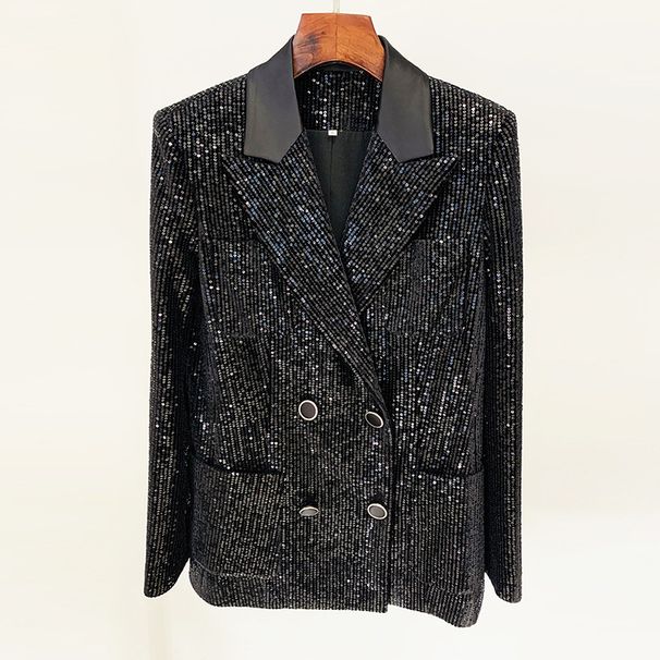 GraceChic GraceChic En stock 2025 Mode européenne et américaine Nouveau blazer croisé en velours à sequins, coupe ajustée, pantalon évasé_voghion.com