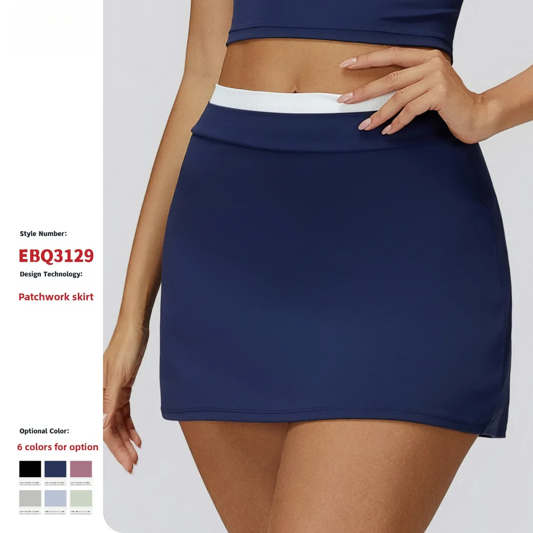 Zechuang Barely There Contrast Color High Waist Threaded Two Pieces Sports Half Length Short Anti-exposure Tennis_voghion.com