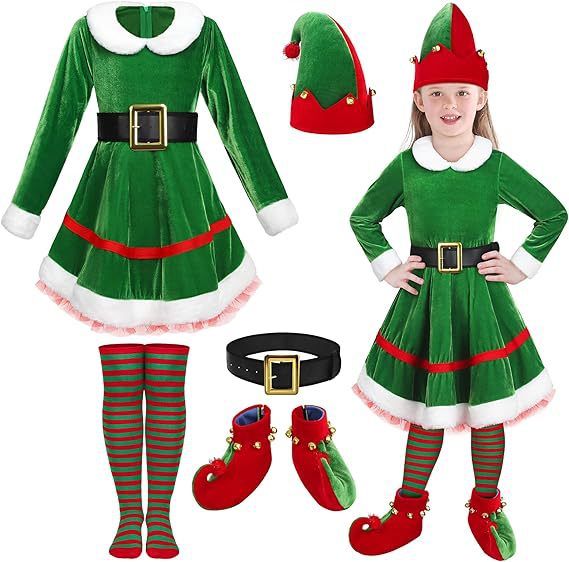 Meisjes Kerst Elf Jurk Kostuum Set Elf Rollenspel Kostuum Fluwelen Jurk Kerstkostuum_voghion.com
